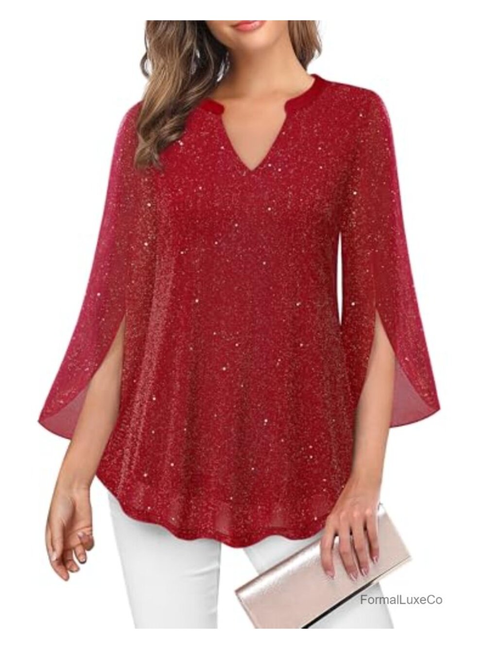 Women's Floral Tunic Top 3/4 Ruffle Sleeve V Neck Double Layer Mesh Blouse